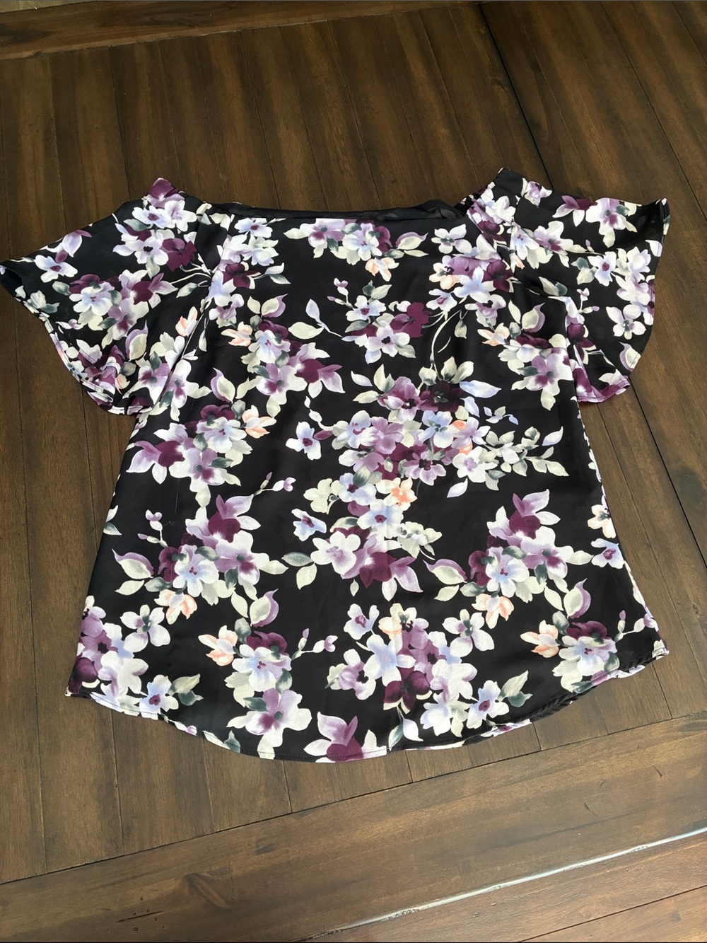 White House Black Market Black Floral Off-Shoulder Blouse with Purple Accents